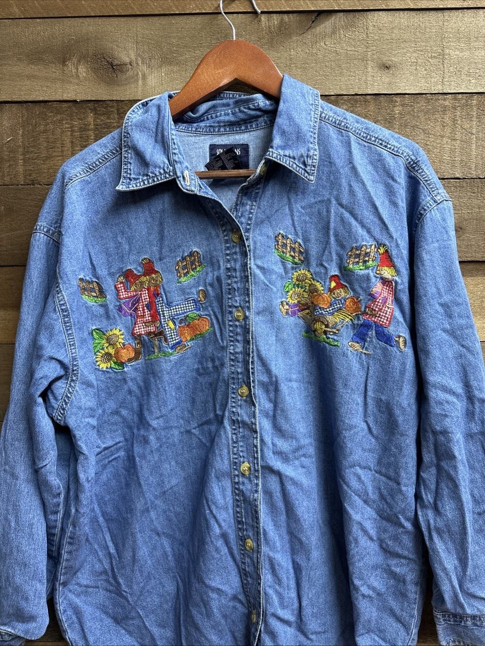 VTG 90s Solutions Embroidered Halloween Fall Scarecrow Denim Button Up 14/16